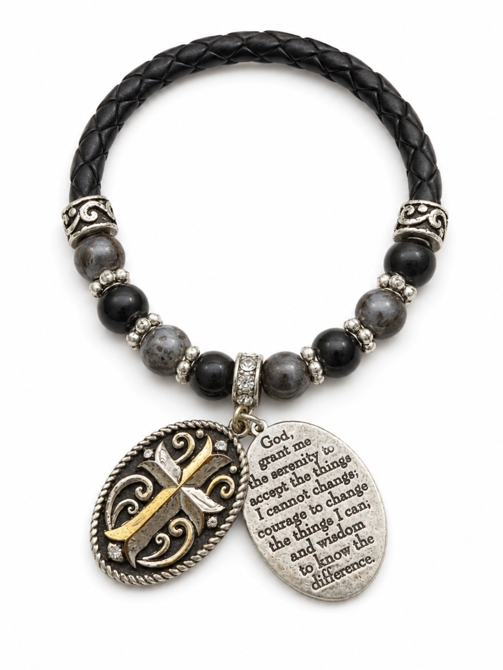 Serenity Prayer Black Braided Leather Bracelet with Dual Charms